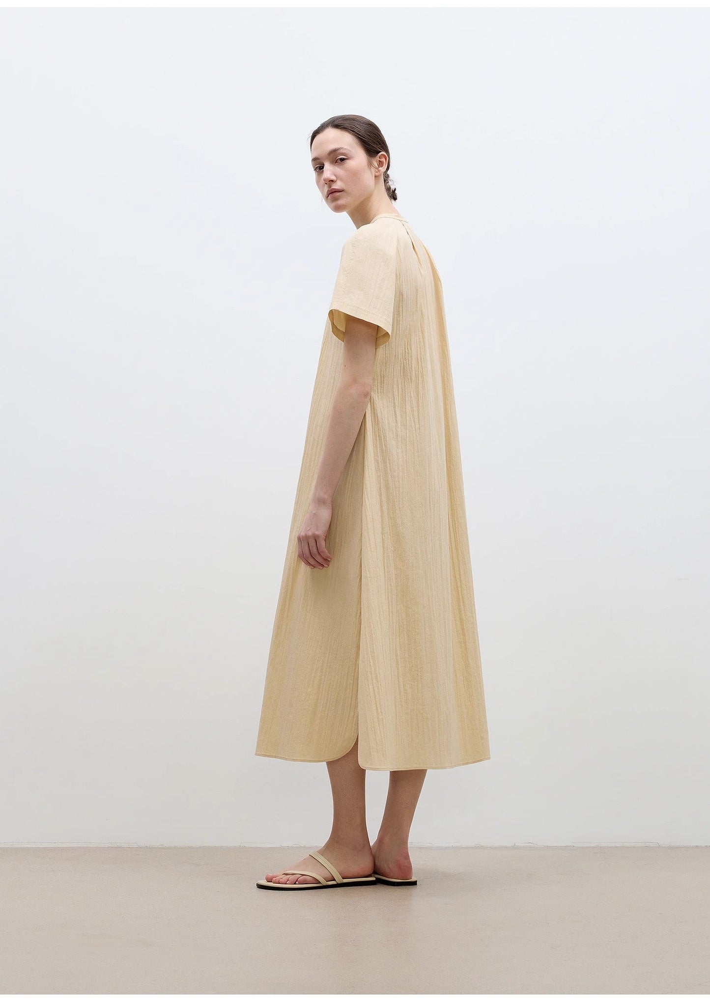 Cotton Stand Collar Pleated Short Sleeve Shirt Dress for Women