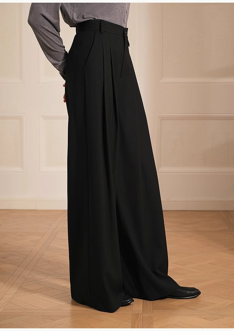Merino Wool Blended Double Pleated Wide-Leg Pants