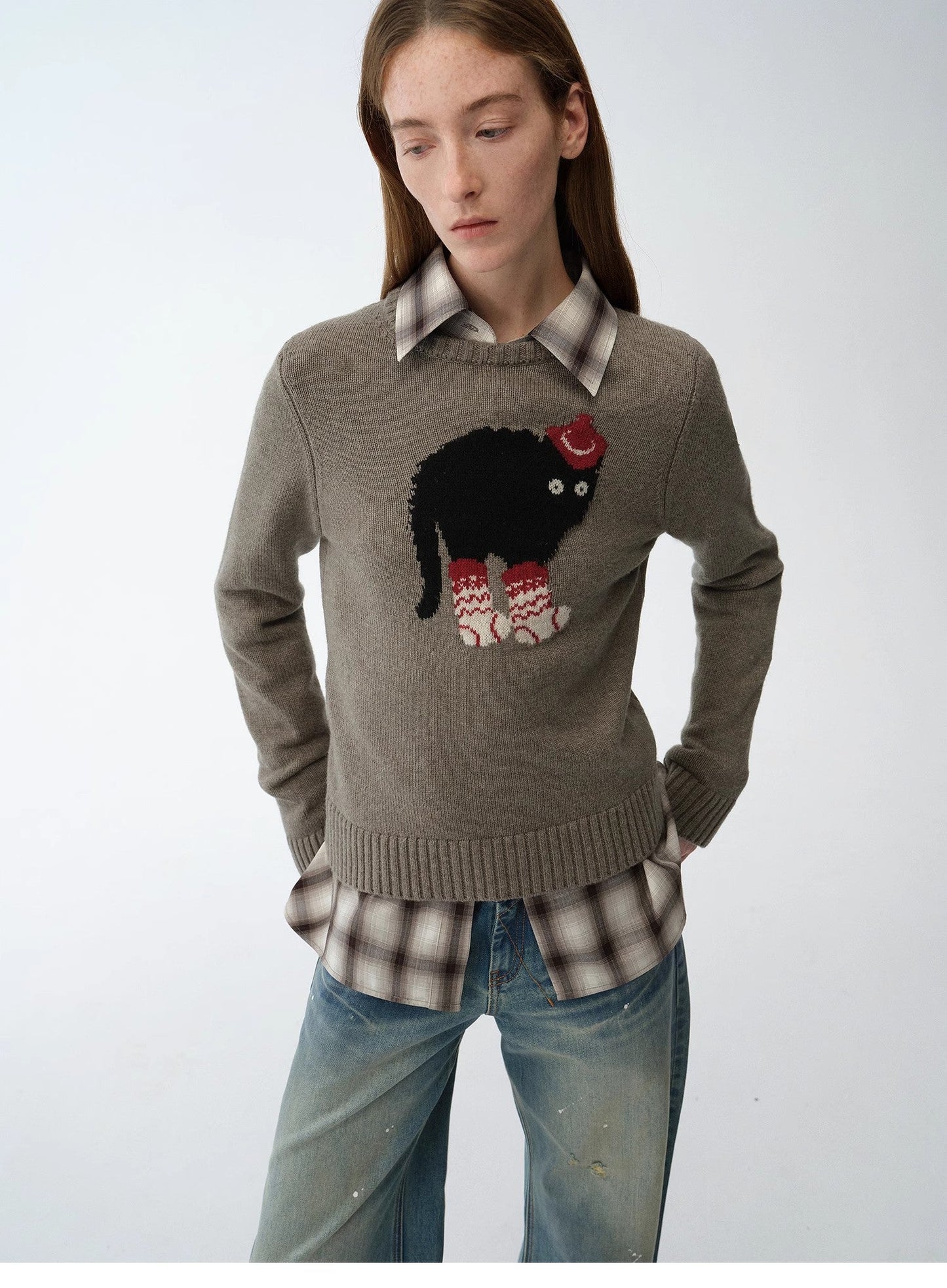 Wool Cotton Blend Animal Jacquard Round Neck Sweater for Women