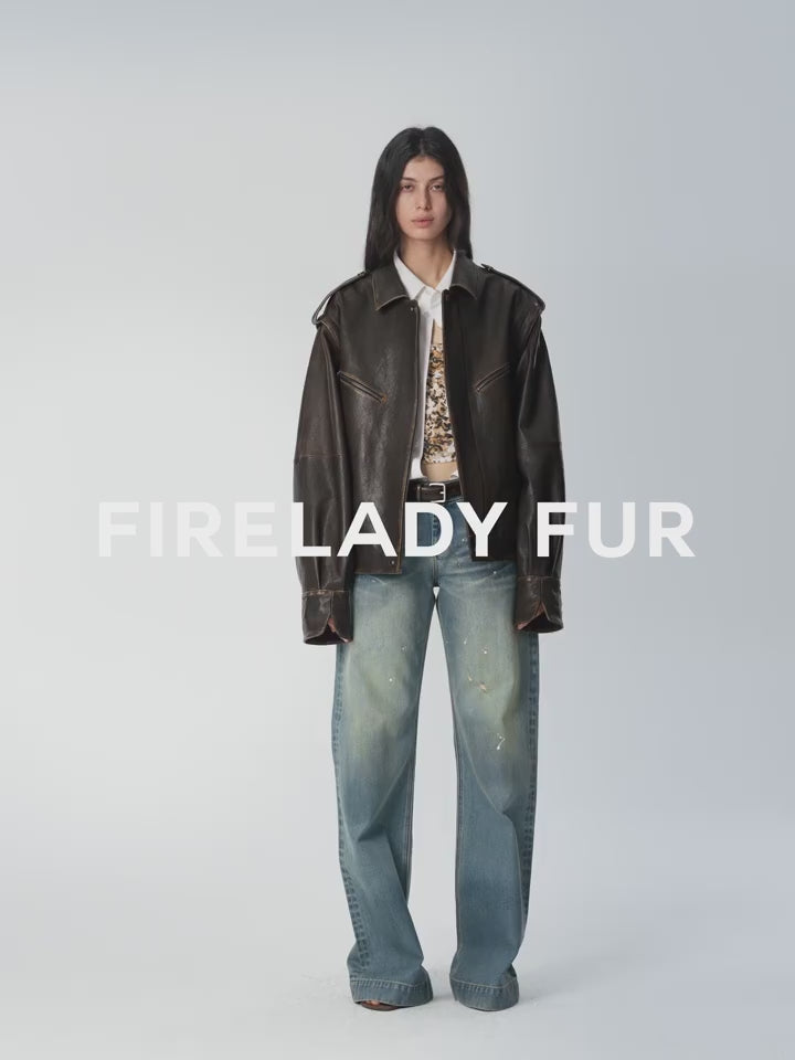 Fireladyfur Women's Two-Way Genuine Leather Jacket With Removable Sleeves"Barn Feelings"