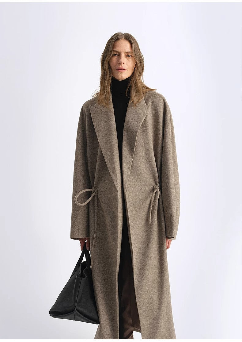 women's Original Color Wool Peaked Lapel Drawstring Mid-Length Wool Coat
