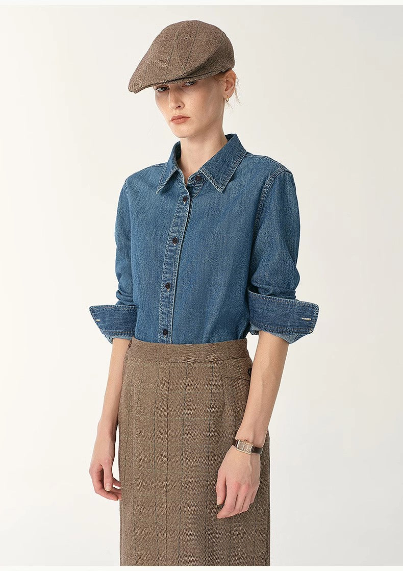 Italian Imported BERTO Denim Classic Old Money Style Lapel Shirt for Women