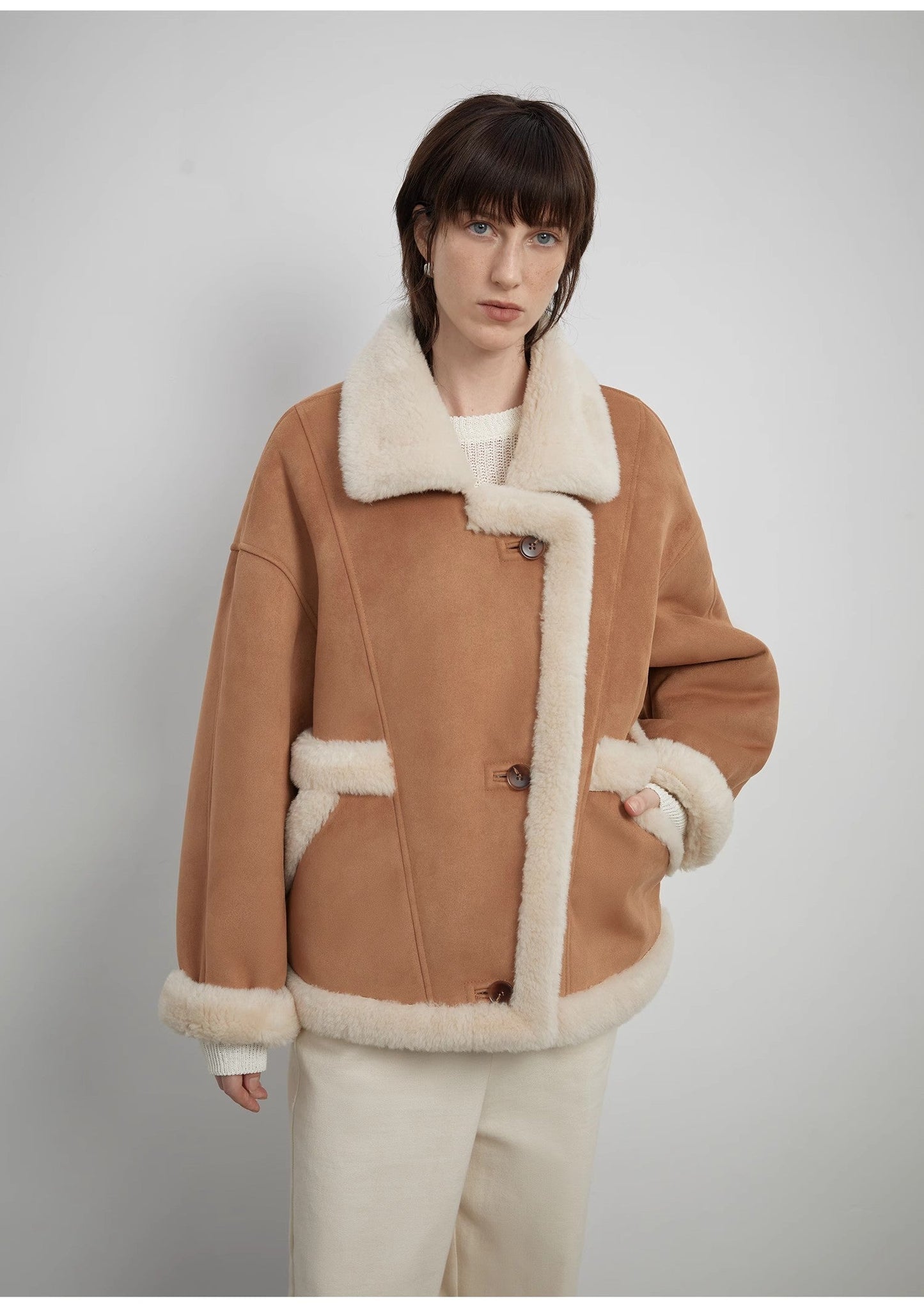 “Shepherds” Lapel Biker Wind Wool Artificial Compound Suede Shearling Coat  Female