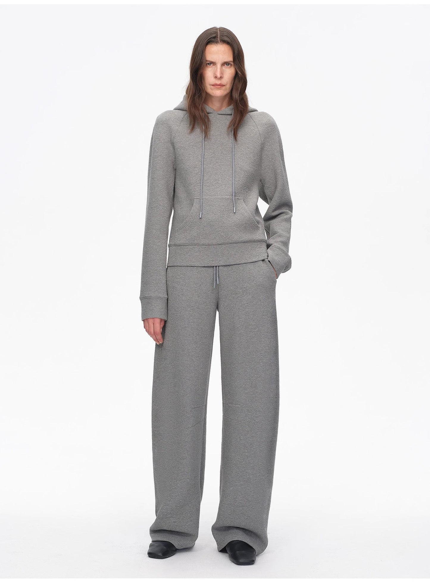 "Casual Life" Textured Cotton Loose Straight Hooded Short Sweatshirt