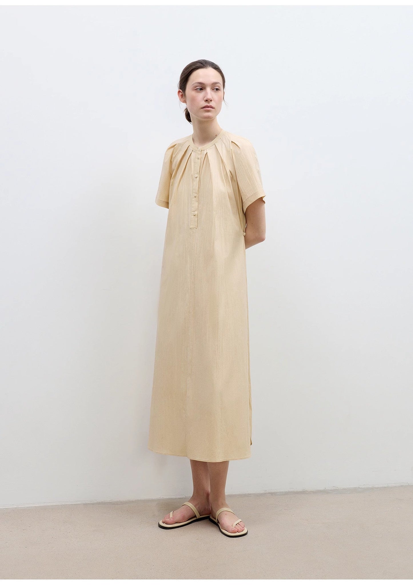 Cotton Stand Collar Pleated Short Sleeve Shirt Dress for Women