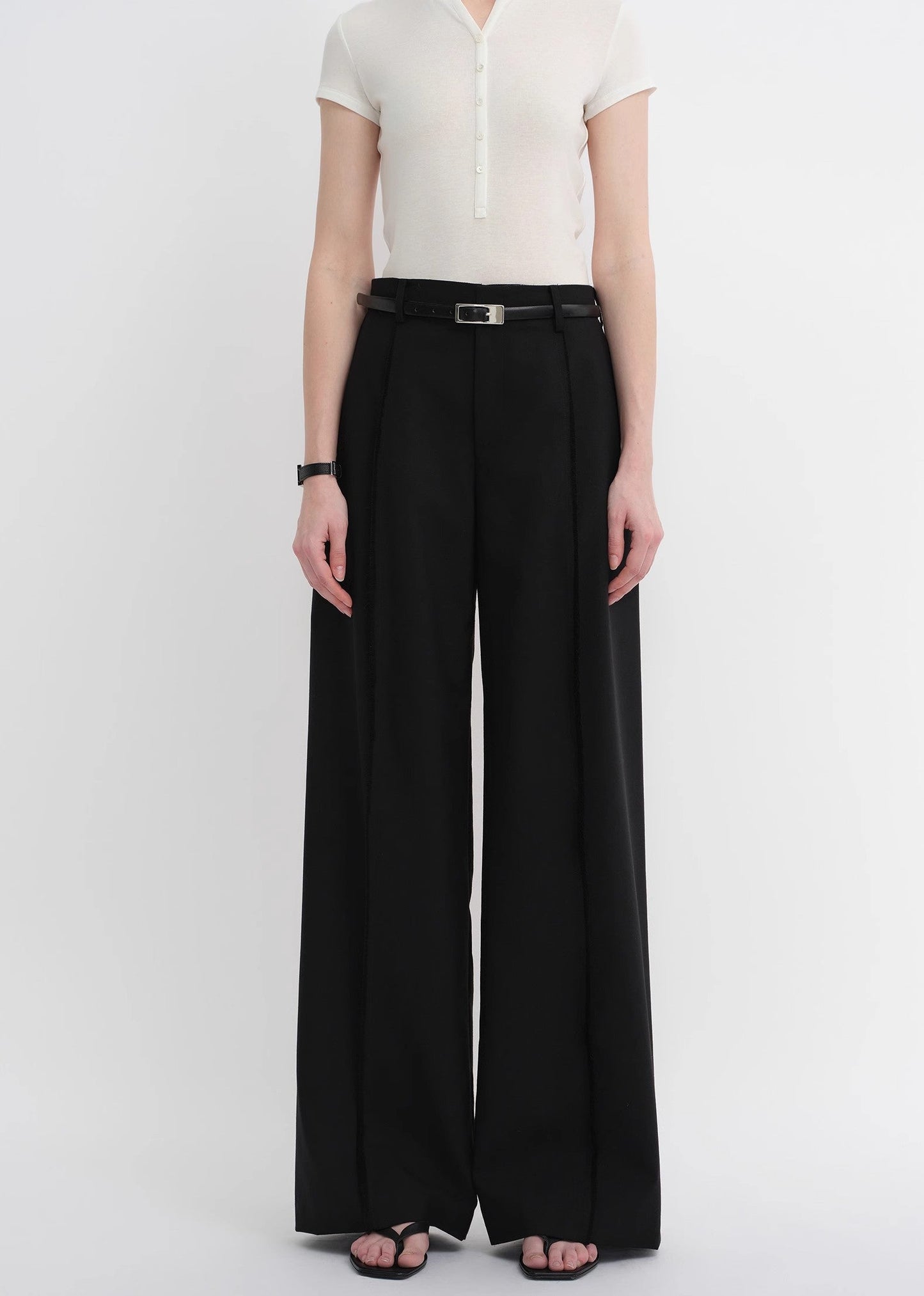 Worsted Wool Commuter Classic Drapey Raw Edge Loose Straight Wide-Leg Pants