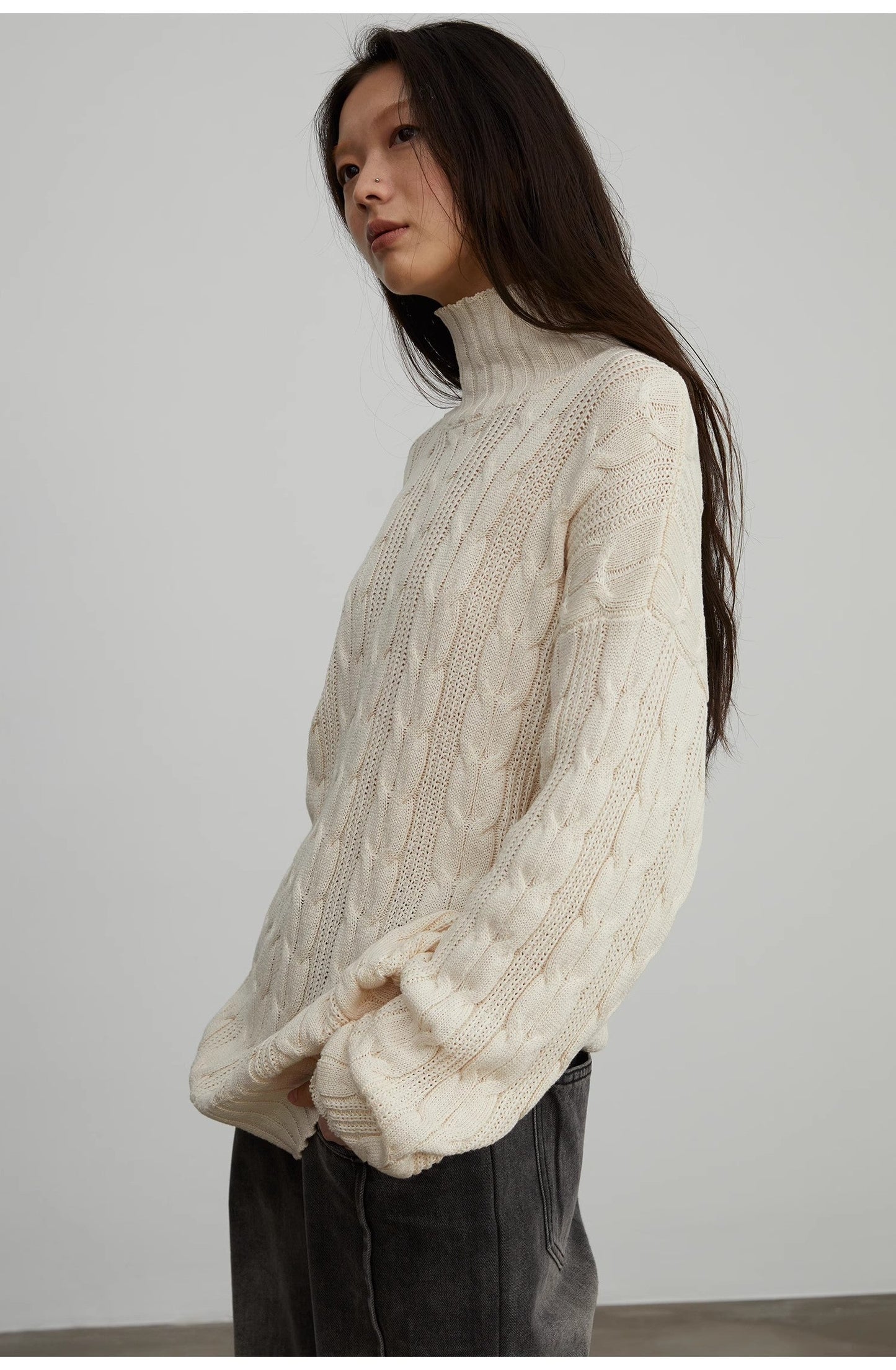 "Warm-Embrace Jacquard"Loose Slimming Straight High Collar Fashion Top 100% Cotton Women's Winter