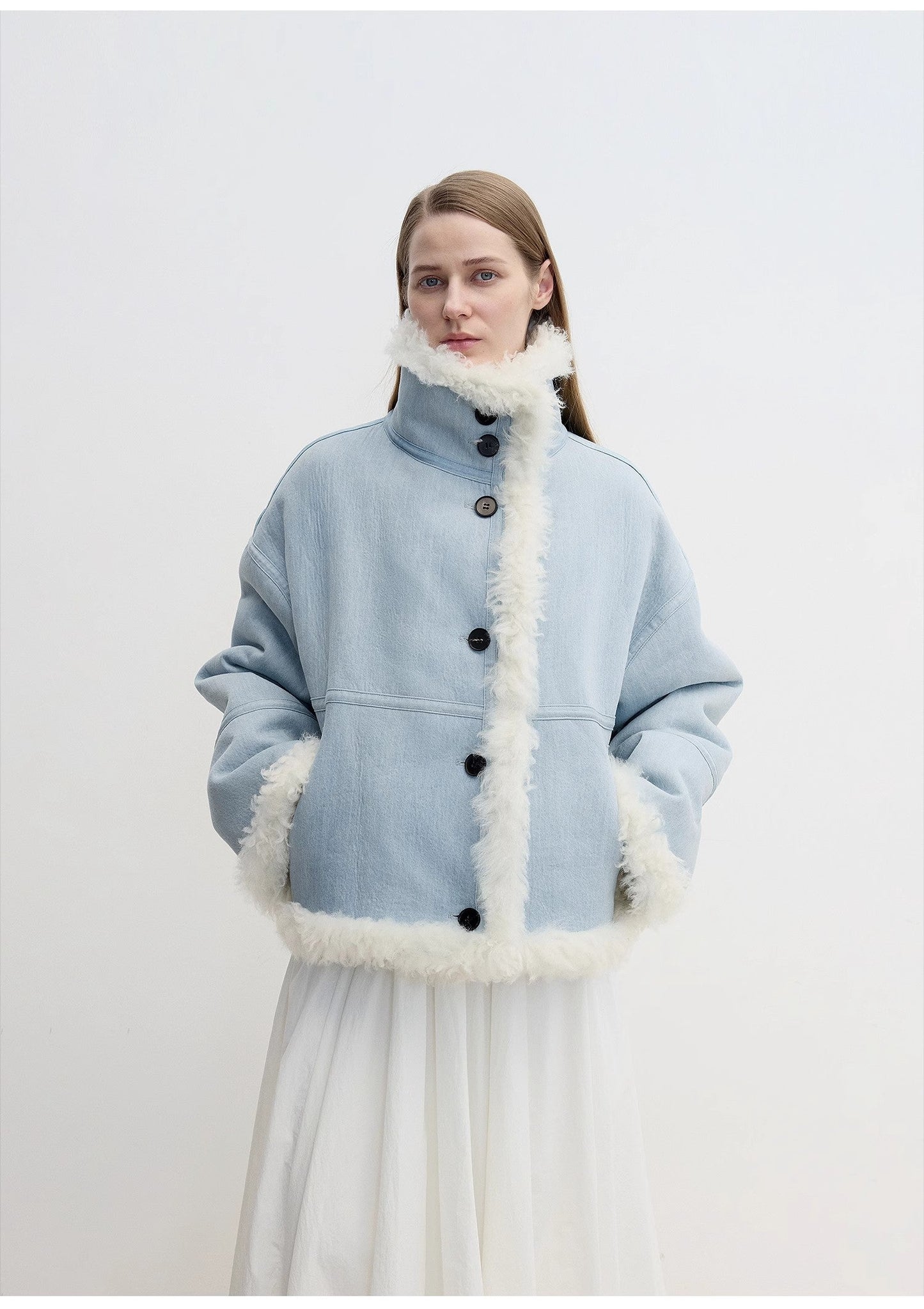 "Mint Glacier"Flip Collar Reversible Shearling Denim Wool Jacket