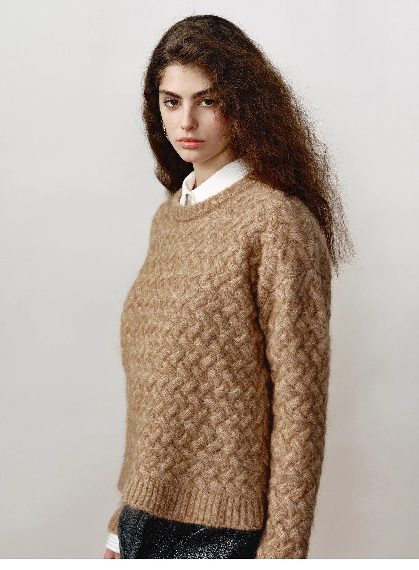 Classic Mohair Pullover Sweater w/ Textured Knit and Warmth-Enhancing Round Neck