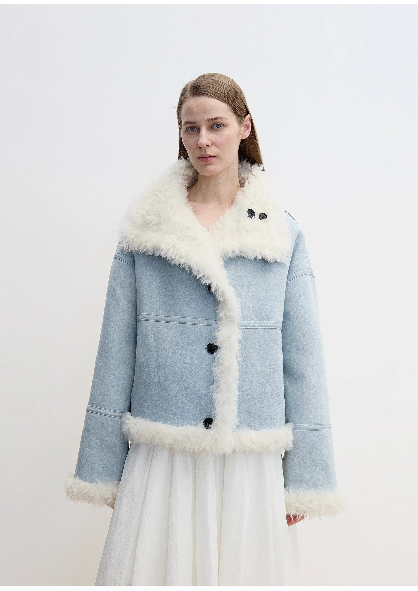 "Mint Glacier"Flip Collar Reversible Shearling Denim Wool Jacket