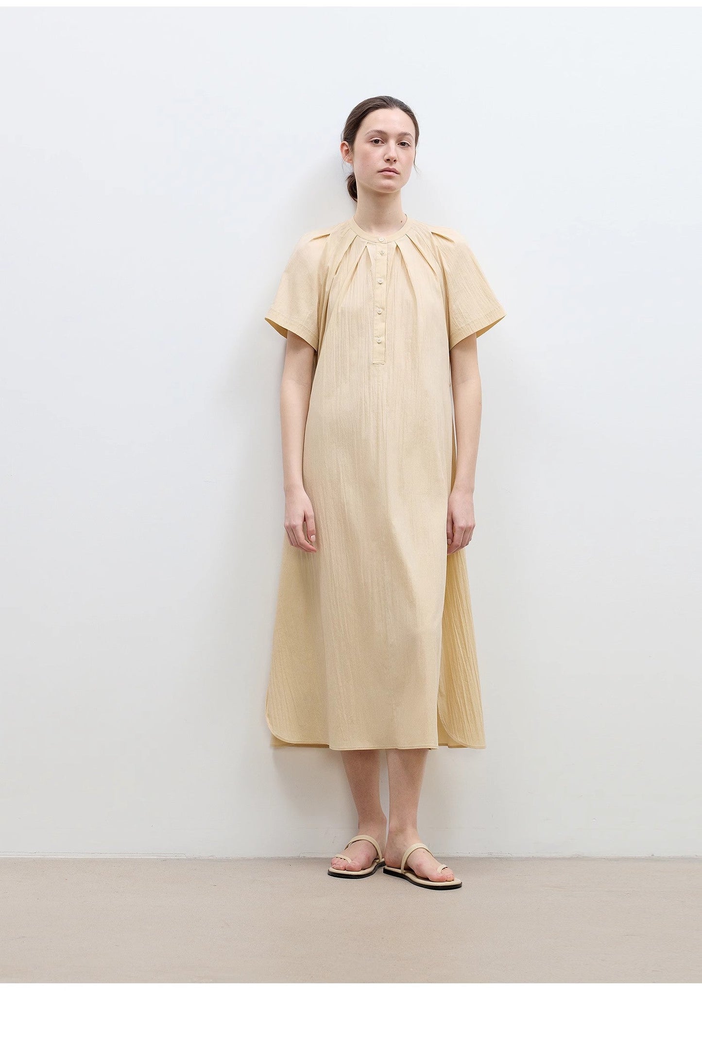 Cotton Stand Collar Pleated Short Sleeve Shirt Dress for Women