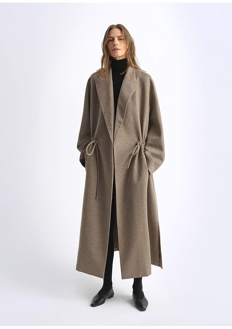 women's Original Color Wool Peaked Lapel Drawstring Mid-Length Wool Coat