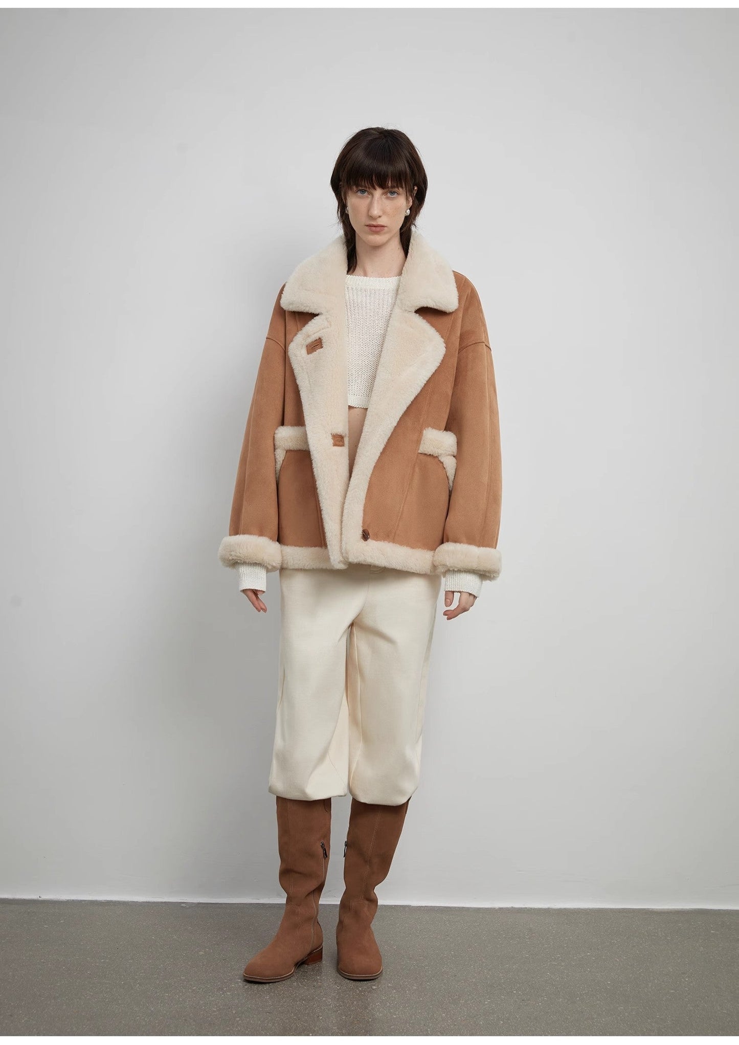 “Shepherds” Lapel Biker Wind Wool Artificial Compound Suede Shearling Coat  Female