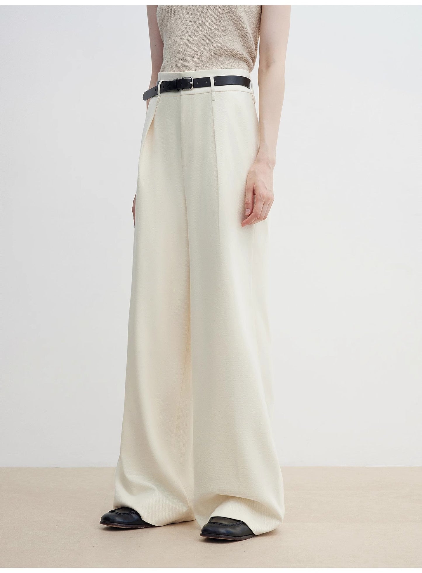 Women's White Straight Casual Wide Waist Drape Floor-Length Wide Leg Pants