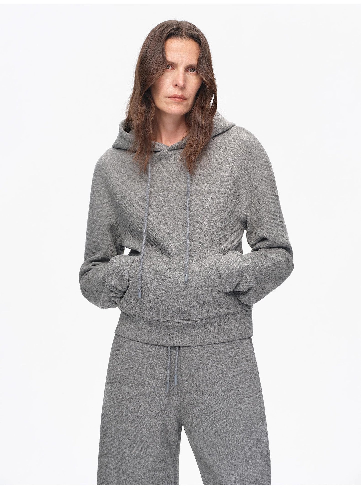 "Casual Life" Textured Cotton Loose Straight Hooded Short Sweatshirt