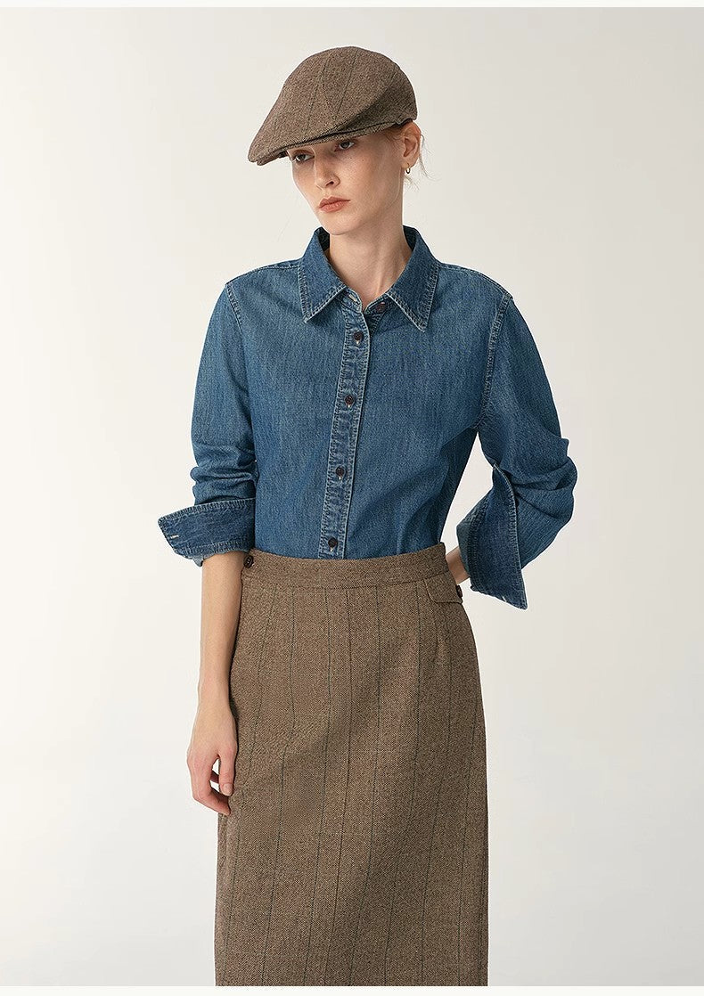 Italian Imported BERTO Denim Classic Old Money Style Lapel Shirt for Women