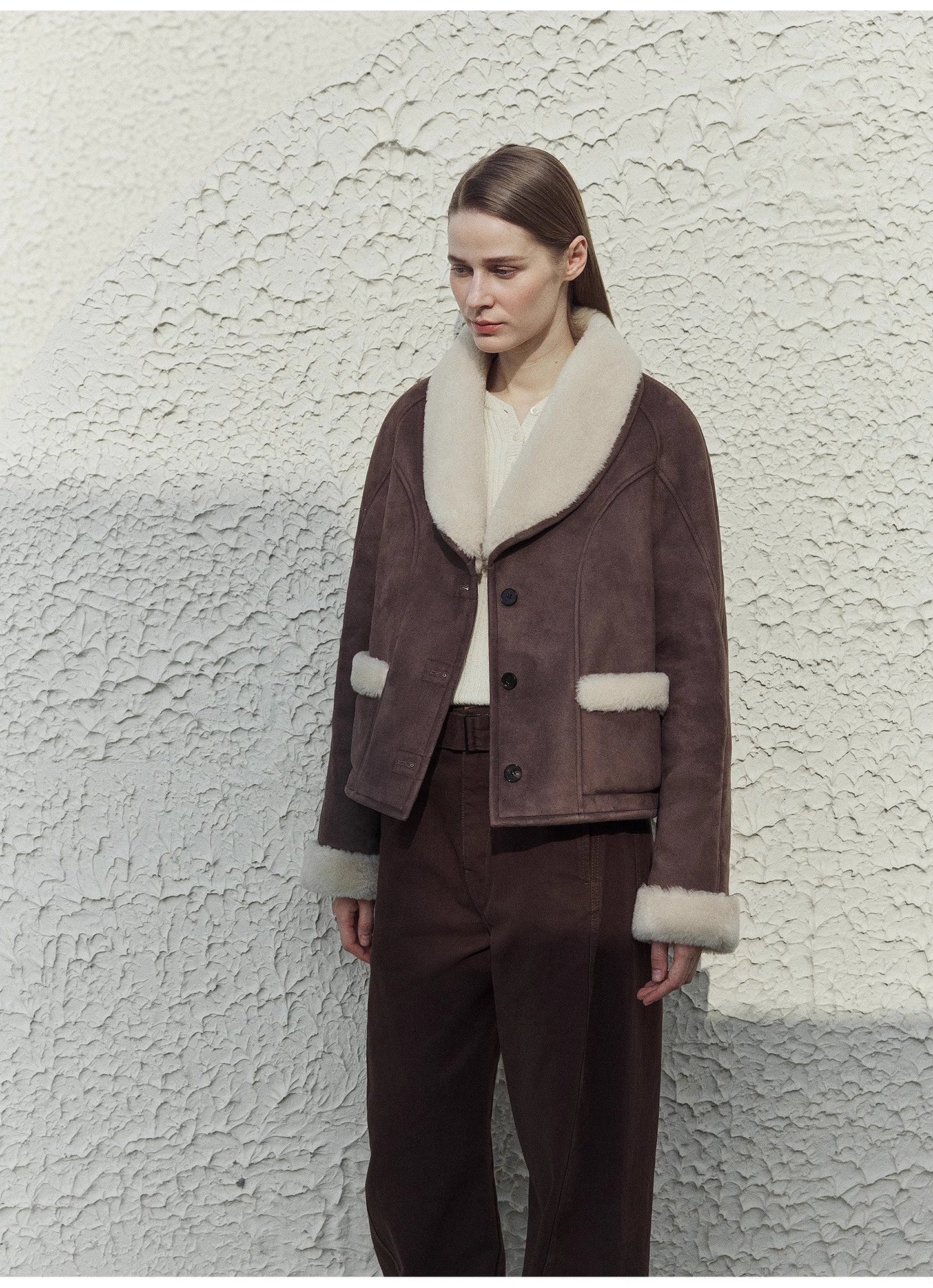 "Pure Era" Imported High-Quality Lamb Contrast Color Fruit Collar Short Wool Fur Coat