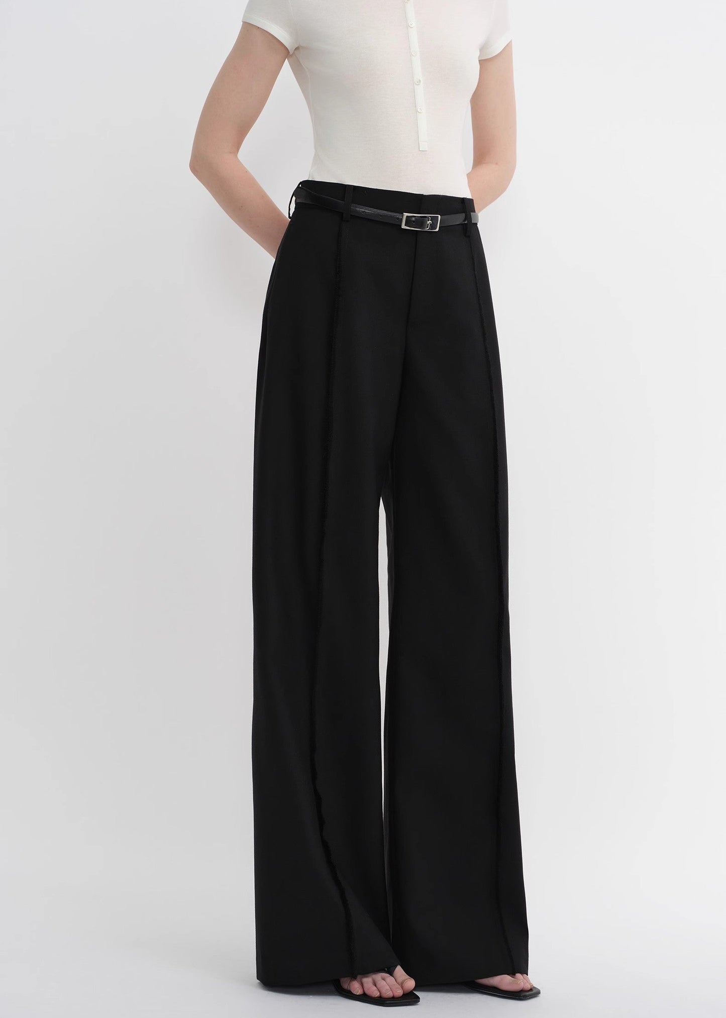 Worsted Wool Commuter Classic Drapey Raw Edge Loose Straight Wide-Leg Pants