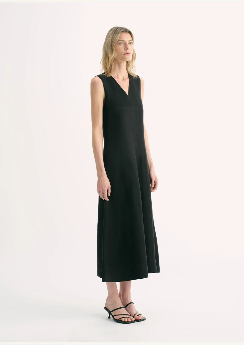 Linen Textured Anti-Wrinkle V-Neck Sleeveless A-Line Dress