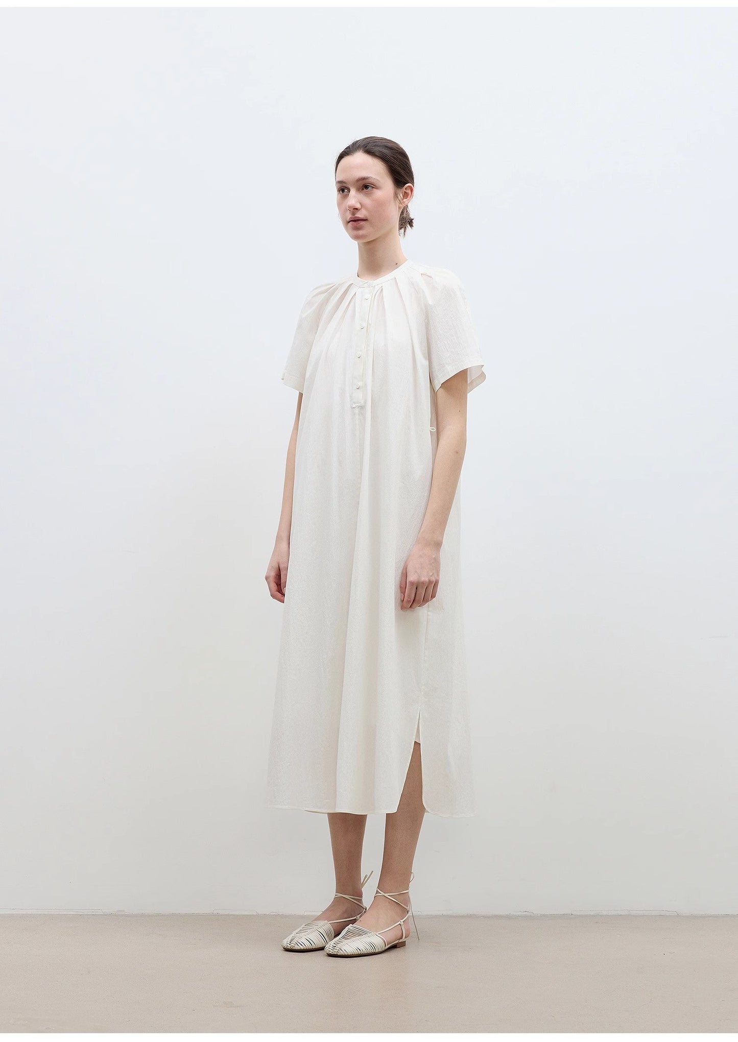 Cotton Stand Collar Pleated Short Sleeve Shirt Dress for Women