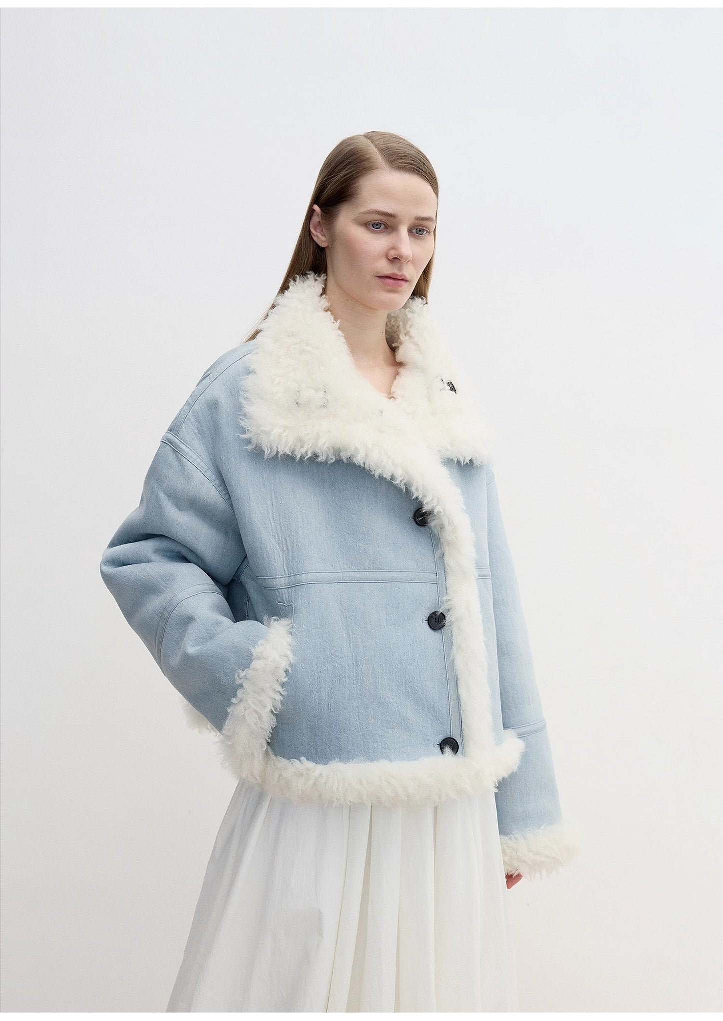 "Mint Glacier"Flip Collar Reversible Shearling Denim Wool Jacket