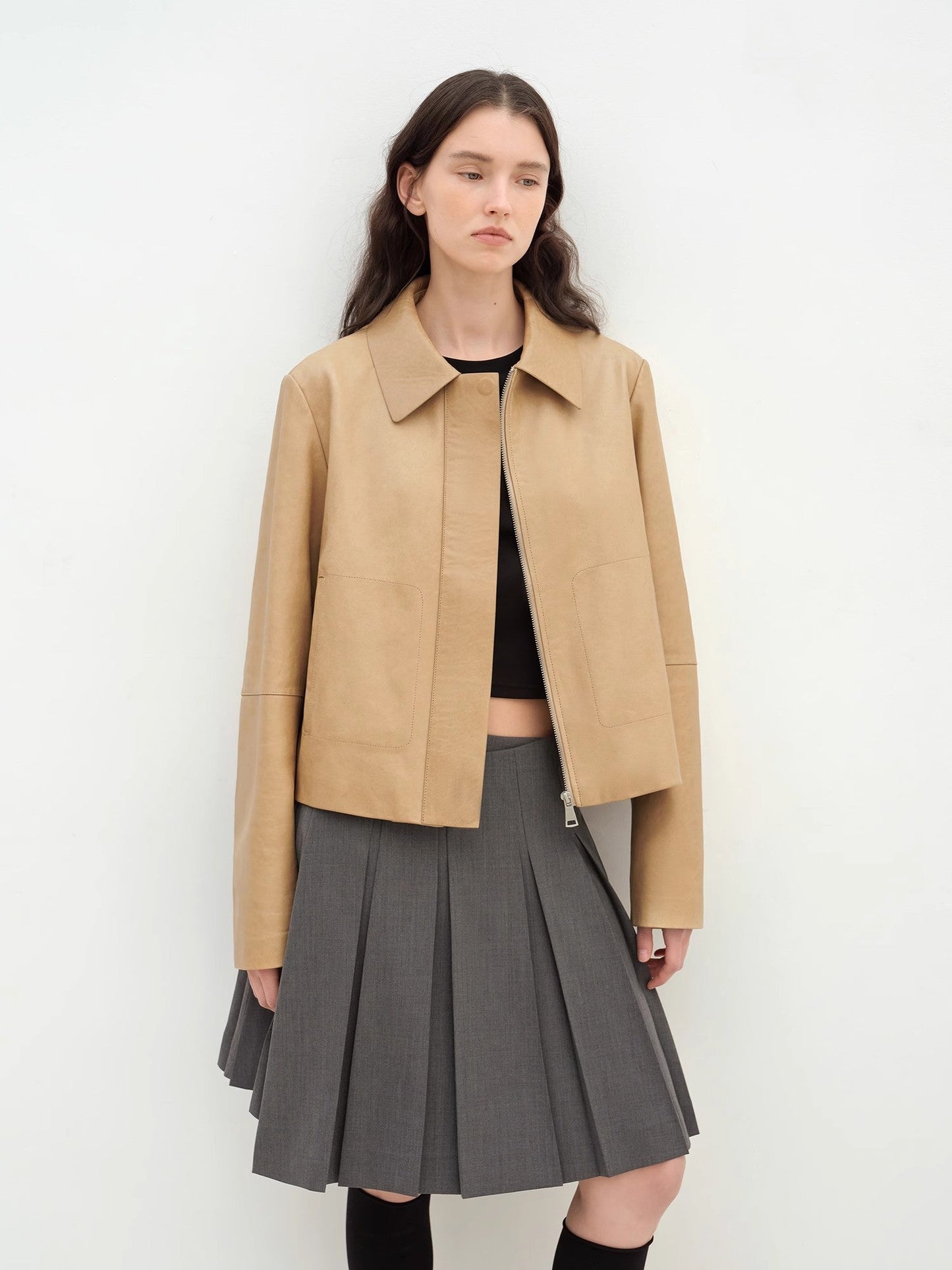 Two-Tone Wax Sheepskin Short Jacket Leather Coat Women