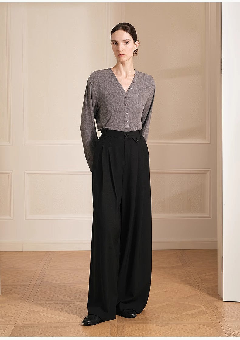 Merino Wool Blended Double Pleated Wide-Leg Pants