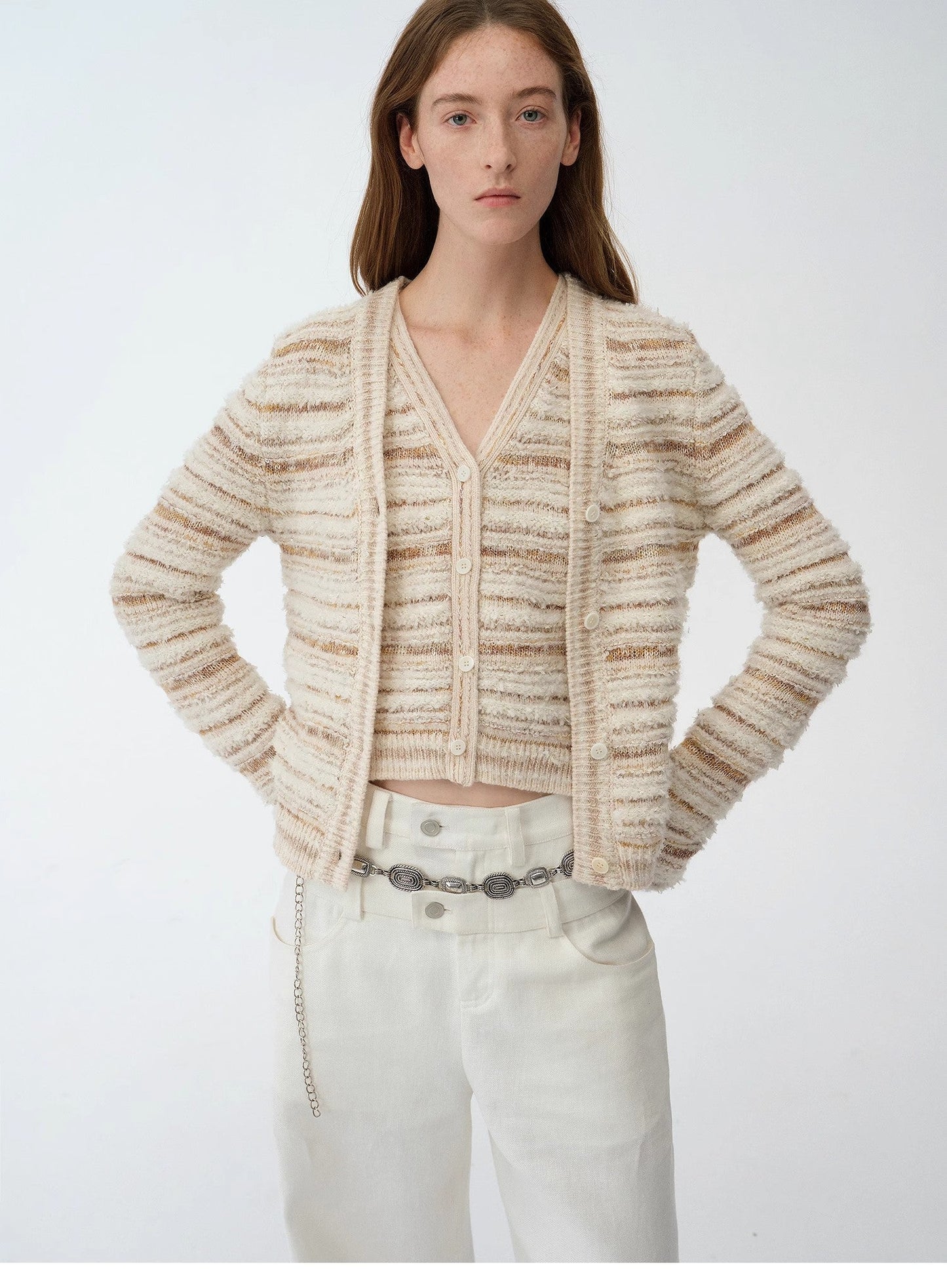 "Nice Weekend" Striped Mixed Woven V-Neck Early Spring Layered Knitted Cardigan Top/Vest