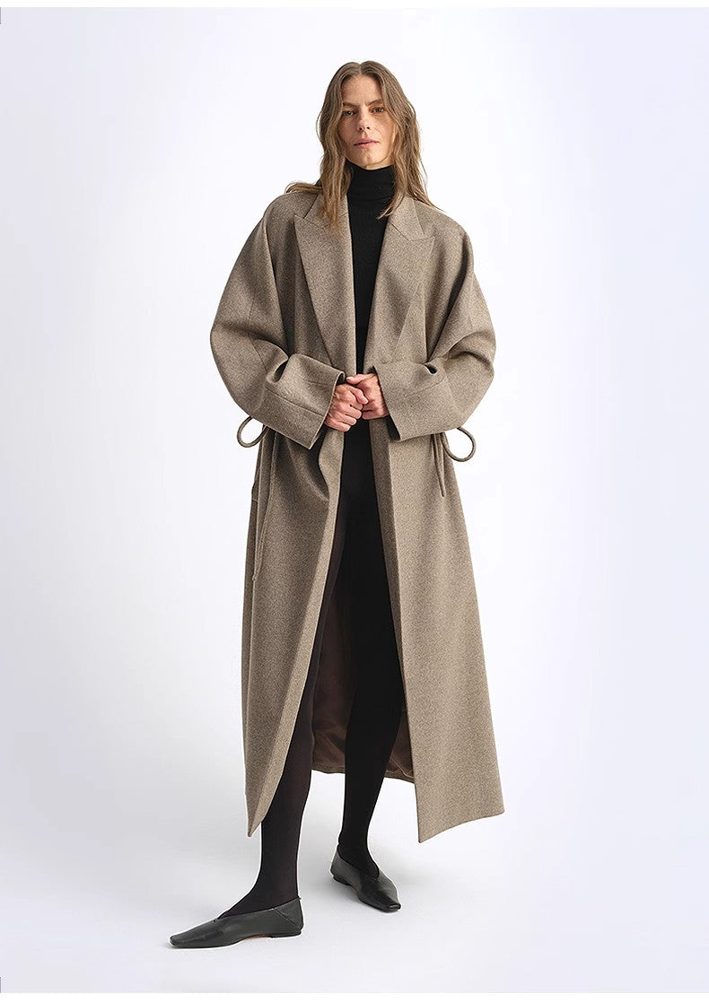 women's Original Color Wool Peaked Lapel Drawstring Mid-Length Wool Coat
