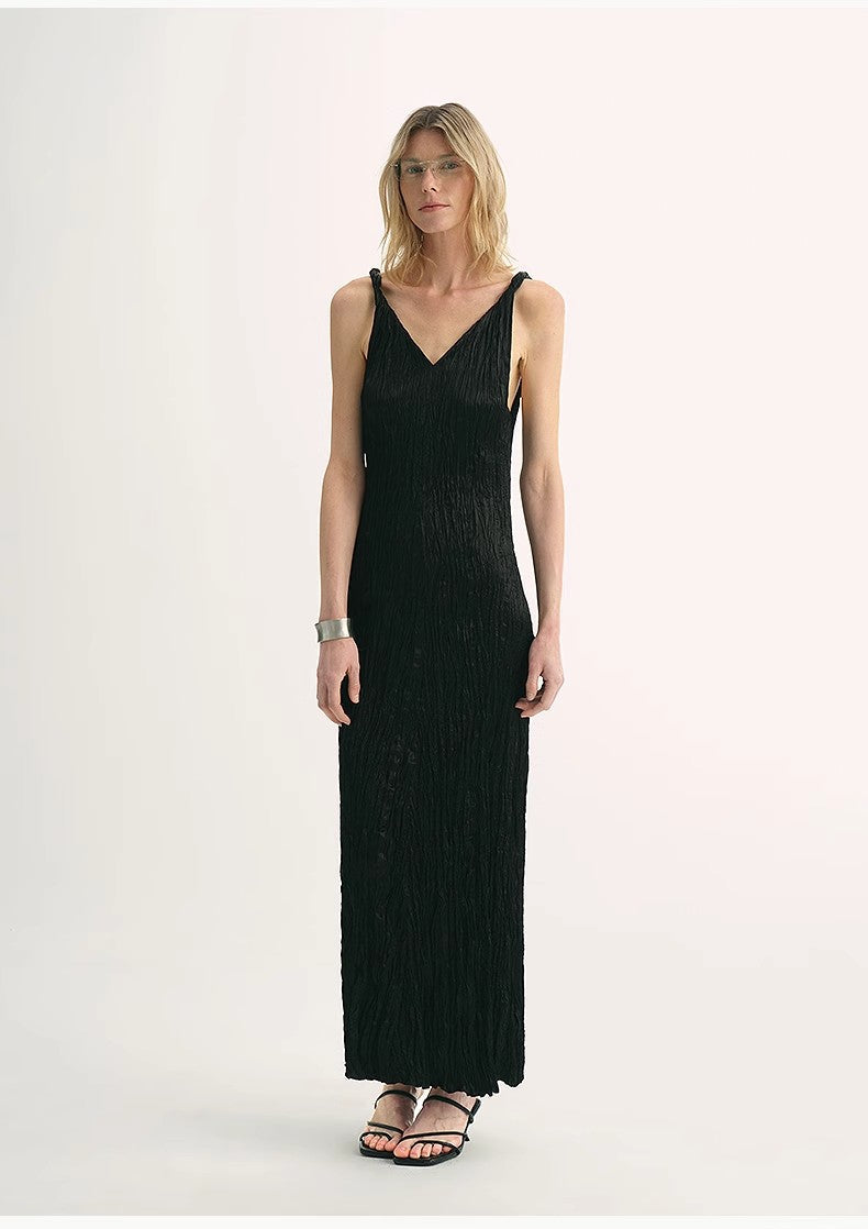 Three-Dimensional Wave Drape Pleated V-Neck Suspender Dress