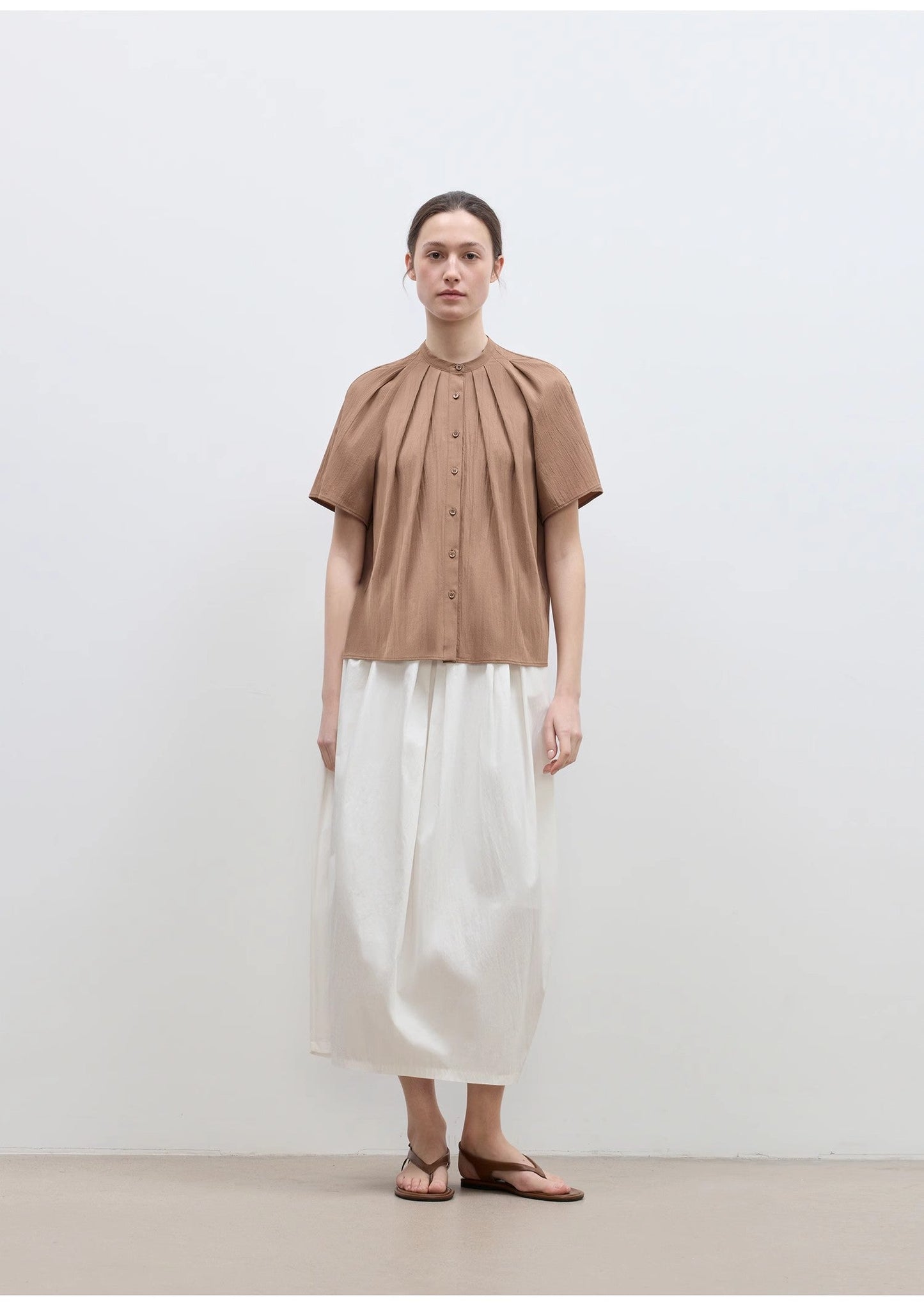 "Silent Island" Stand-Up Collar Pleated Short-Sleeved Shirt Women's Casual Top