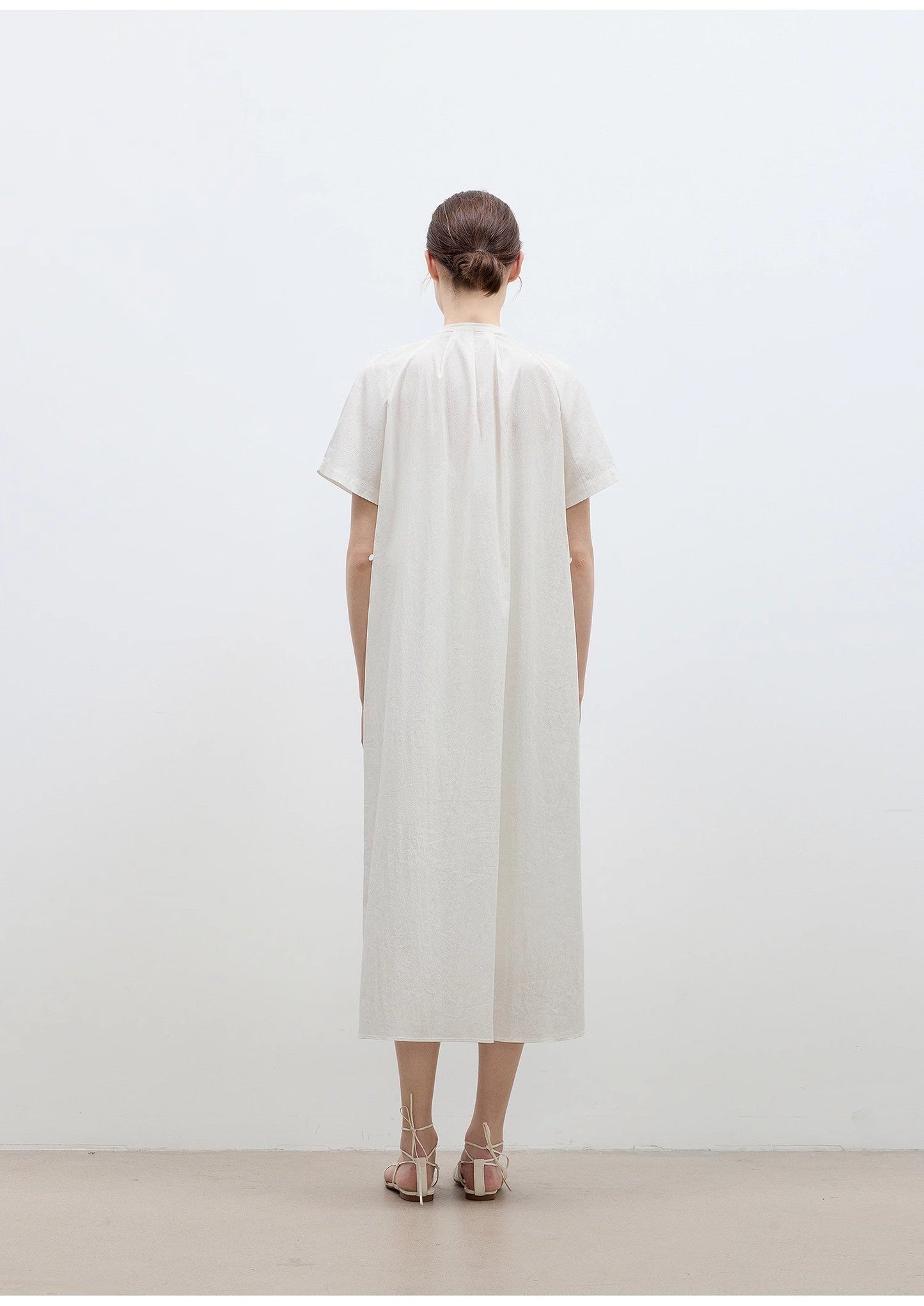 Cotton Stand Collar Pleated Short Sleeve Shirt Dress for Women