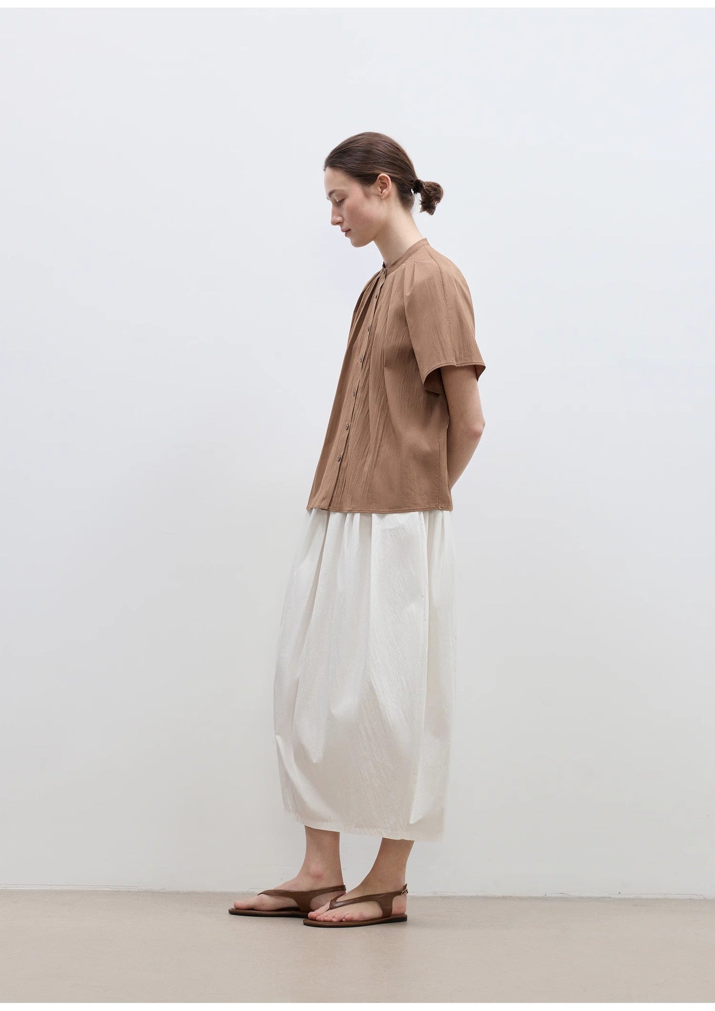 "Silent Island" Stand-Up Collar Pleated Short-Sleeved Shirt Women's Casual Top