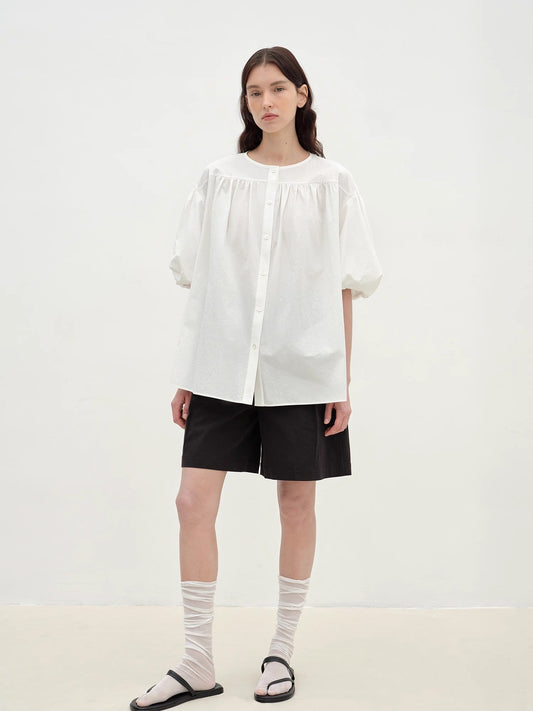 Pure Cotton Slightly Wrinkled Puff Sleeve Short Top for Women