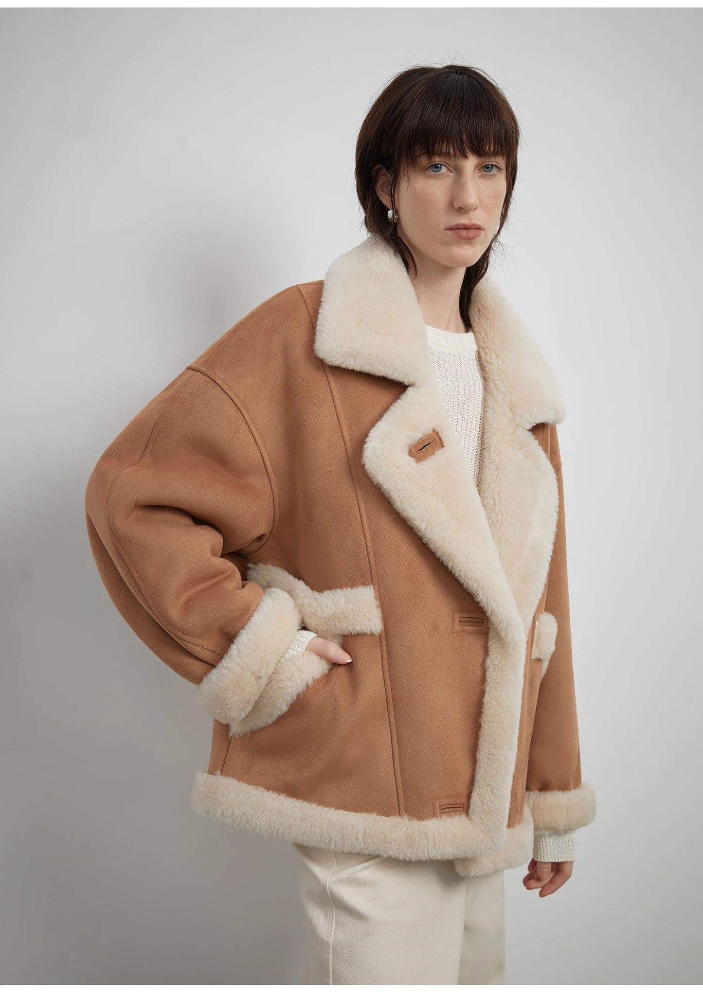 “Shepherds” Lapel Biker Wind Wool Artificial Compound Suede Shearling Coat  Female