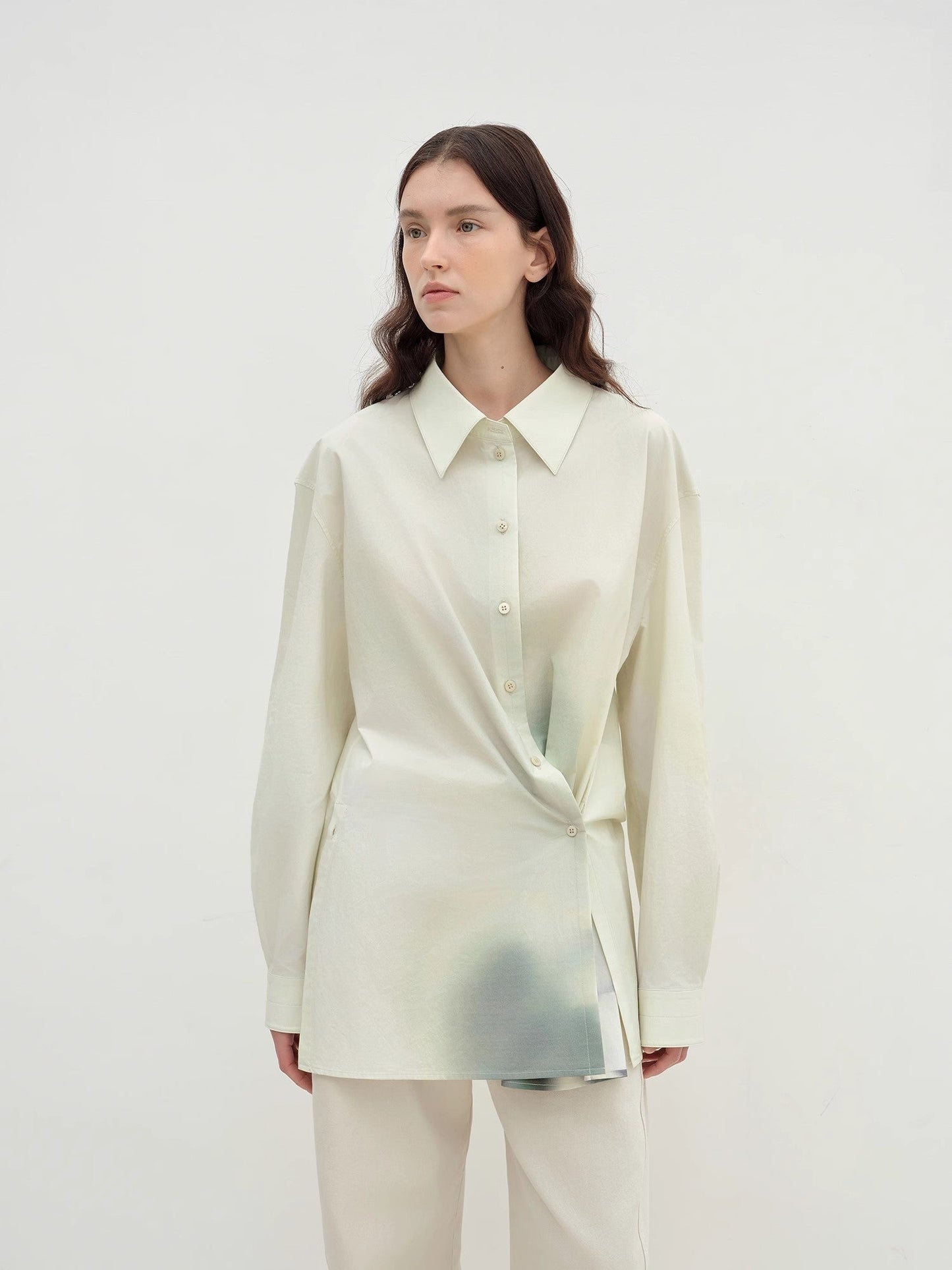 "Green Time" Lapel Side Slit Two-Wear Cotton Printed Shirt