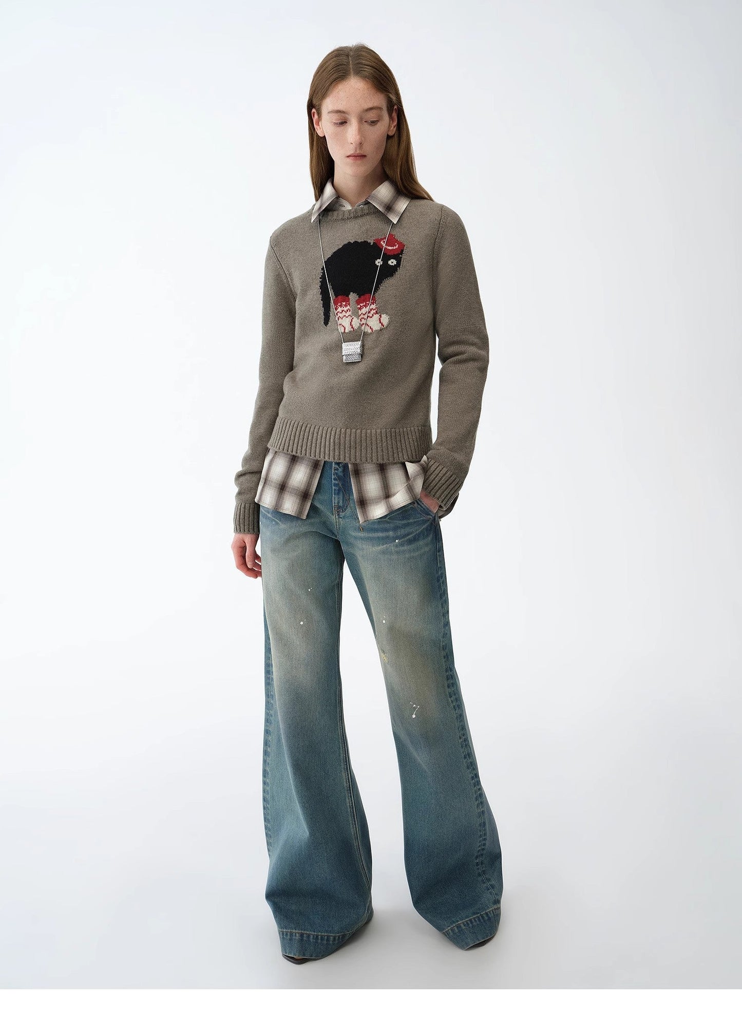 Wool Cotton Blend Animal Jacquard Round Neck Sweater for Women