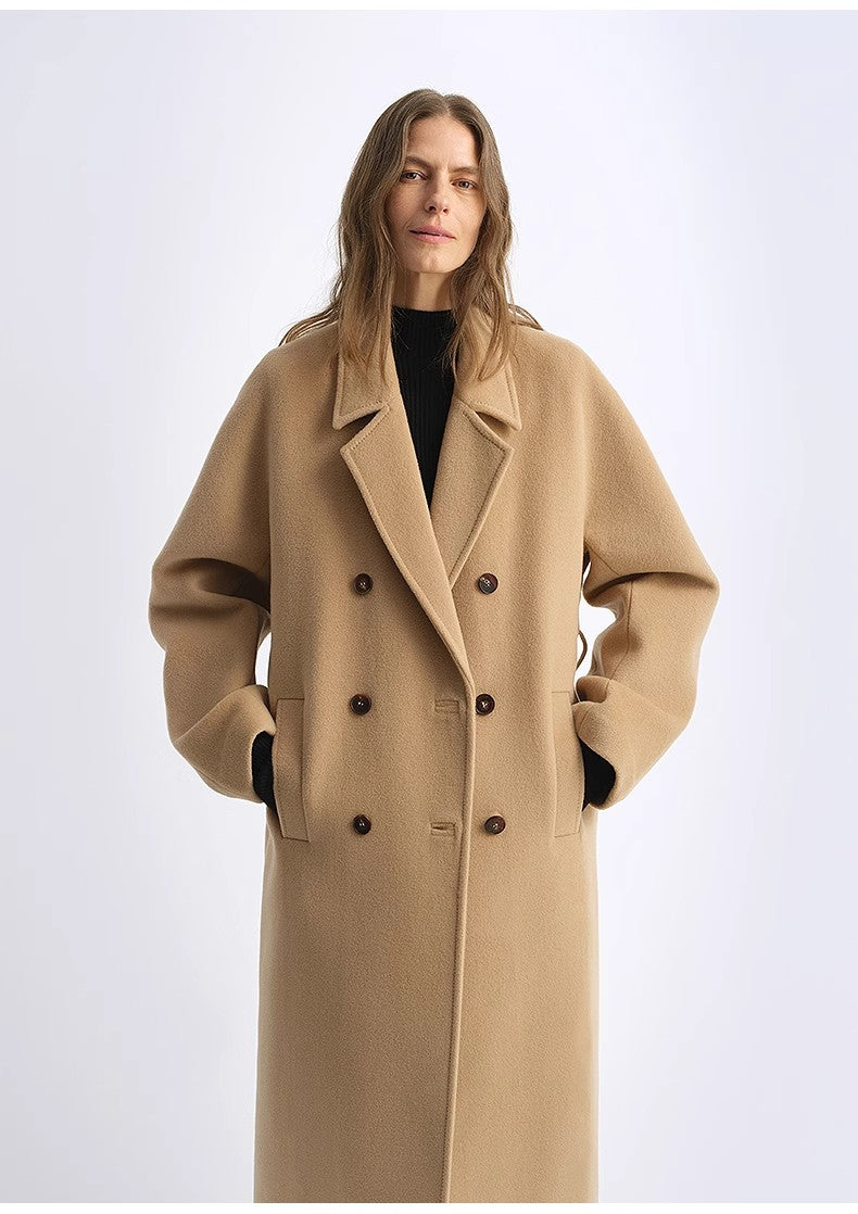 Sheep Wool Cashmere Blend Classic Tie Shoulder Sleeve Double-Breasted Coat