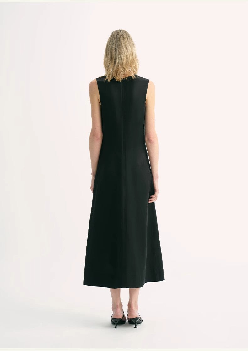 Linen Textured Anti-Wrinkle V-Neck Sleeveless A-Line Dress