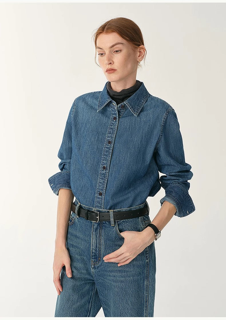 Italian Imported BERTO Denim Classic Old Money Style Lapel Shirt for Women