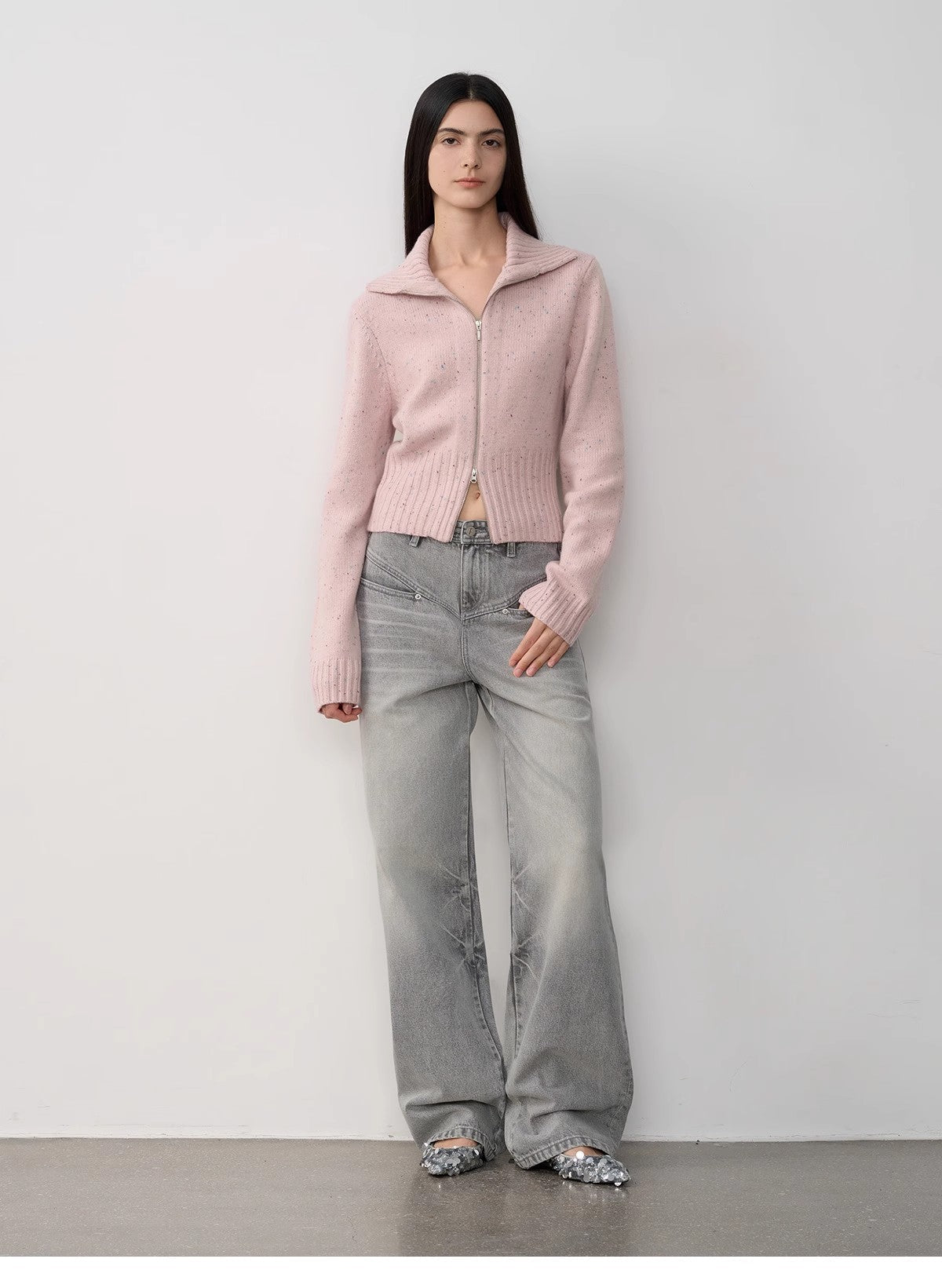 Vintage Heavy Wash Distressed Marble Pattern V-Shaped Segmented Slimming Textured Straight-Leg Denim Trousers