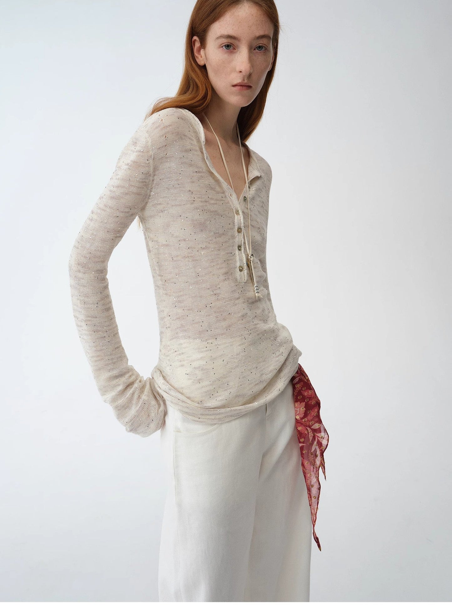 Cotton and Linen Beaded Fancy Yarn Waisted Bell Sleeves Round Neck Knitted Top