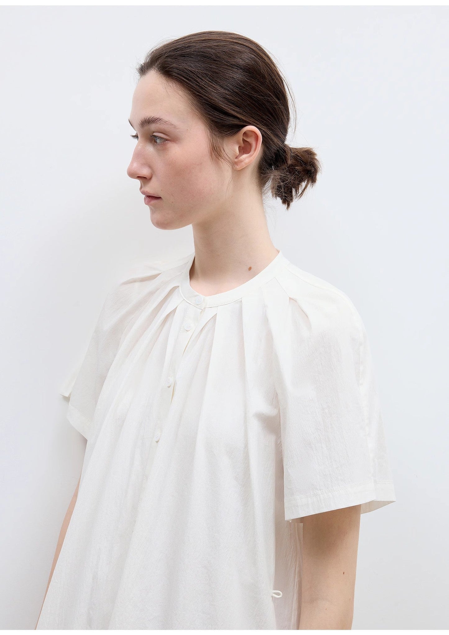 Cotton Stand Collar Pleated Short Sleeve Shirt Dress for Women