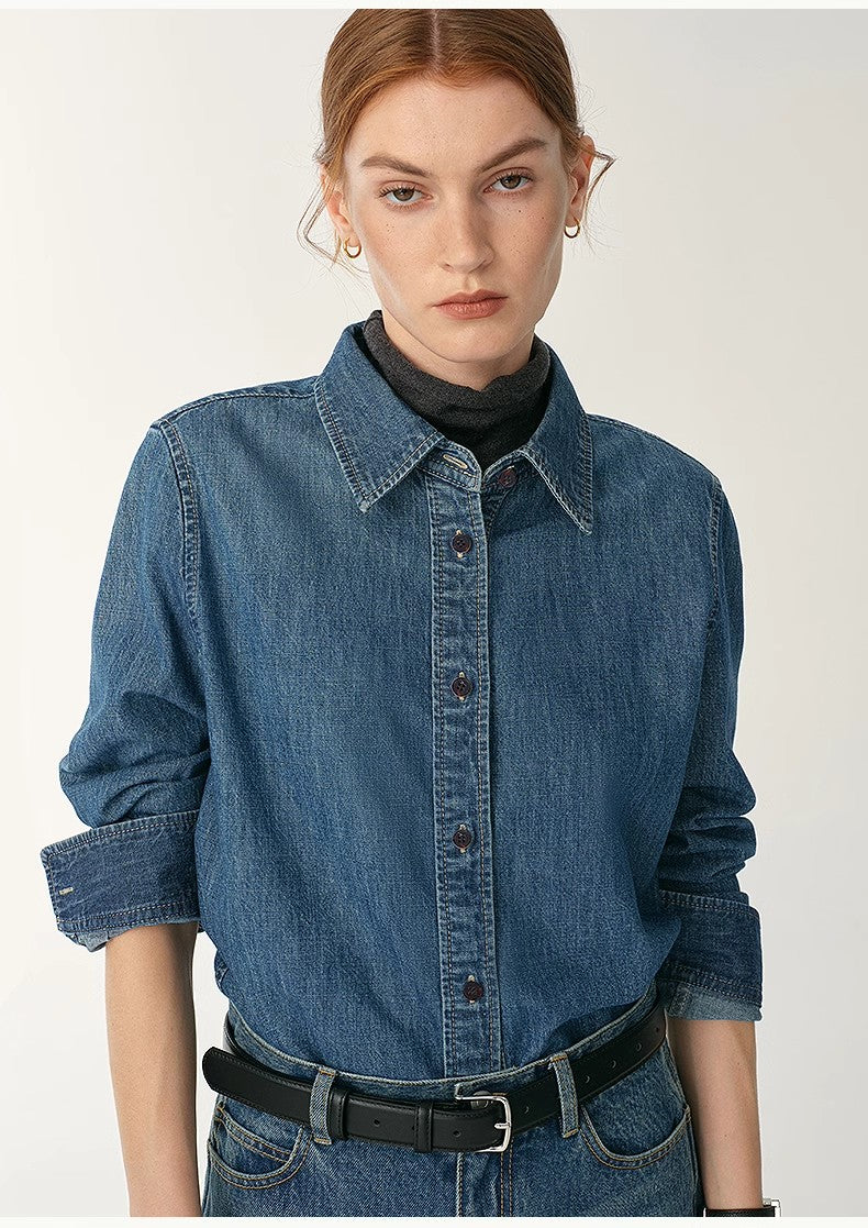 Italian Imported BERTO Denim Classic Old Money Style Lapel Shirt for Women