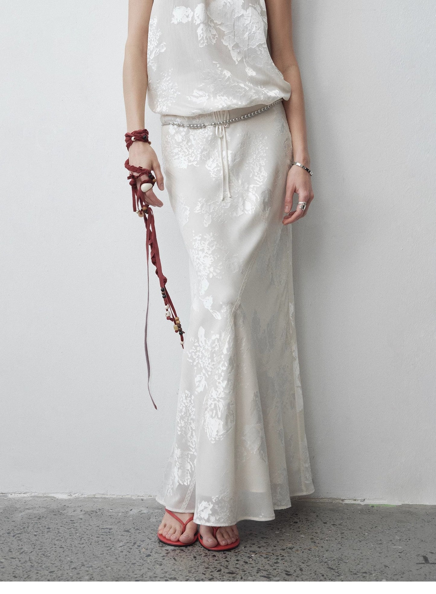 Bias-Cut Fishtail Midi Skirt in Burnt Pattern Material