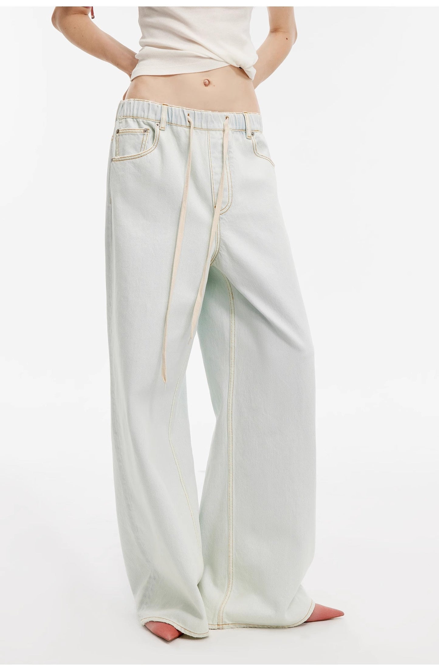 "Mint Whisper" Luxury Brand Same Version Turkish Imported Washed Sports Style Wide-Leg Jeans Spring and Summer