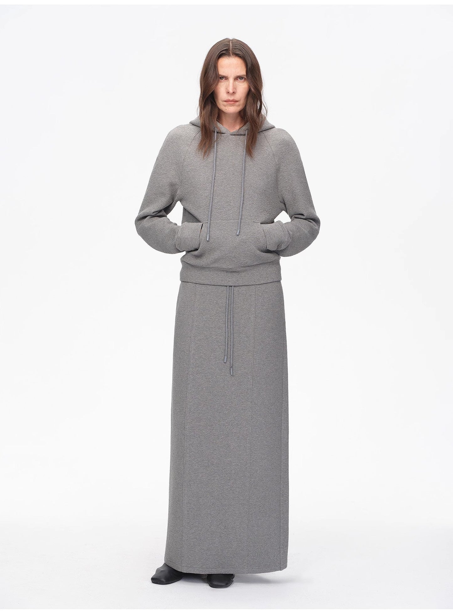 "Casual Life" Textured Cotton Loose Straight Hooded Short Sweatshirt