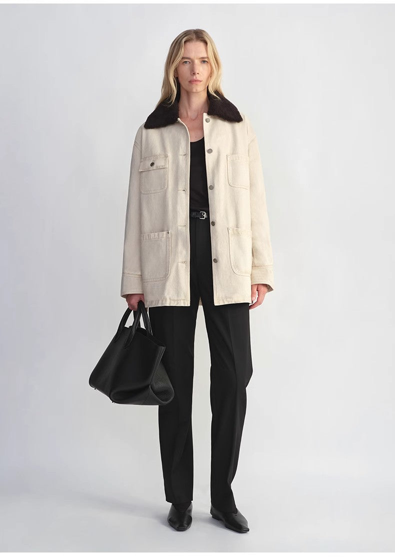 Heavy Cotton Denim Detachable Fur Collar Goose Down Detroit Jacket for Women