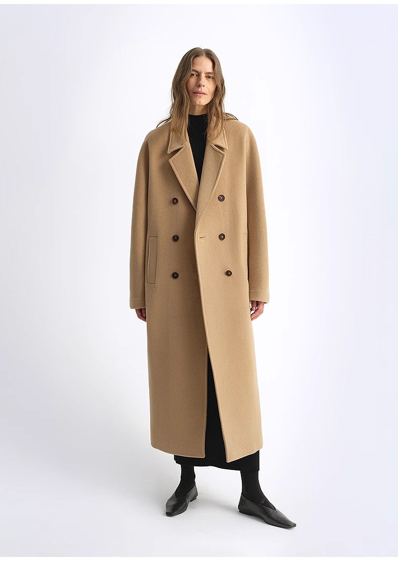 Sheep Wool Cashmere Blend Classic Tie Shoulder Sleeve Double-Breasted Coat