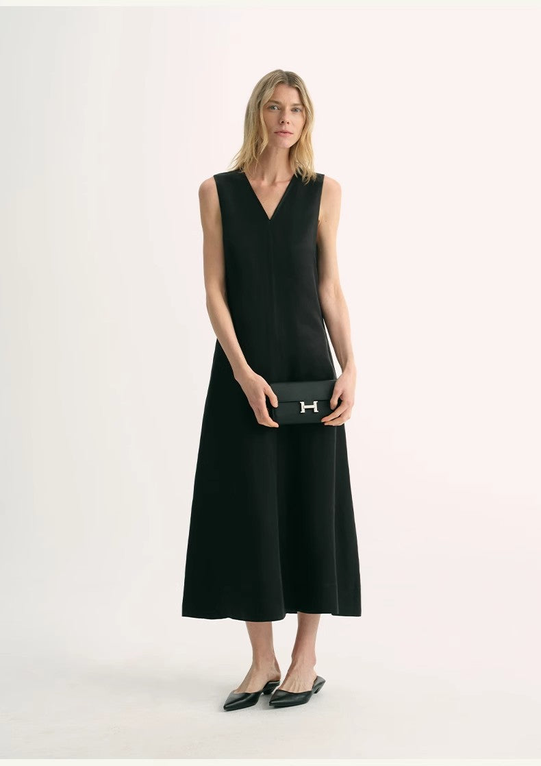 Linen Textured Anti-Wrinkle V-Neck Sleeveless A-Line Dress